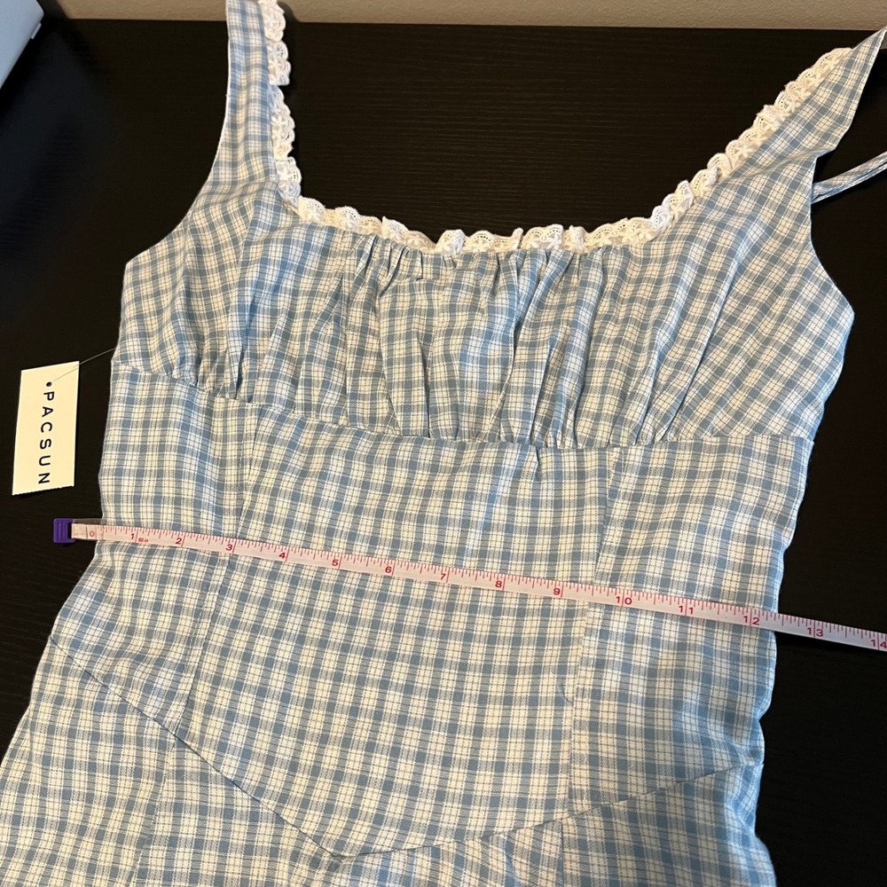 PacSun Your Favorite Blue Gingham Lace Trim Mini Dress Milkmaid Cottagecore S - Picture 12 of 12